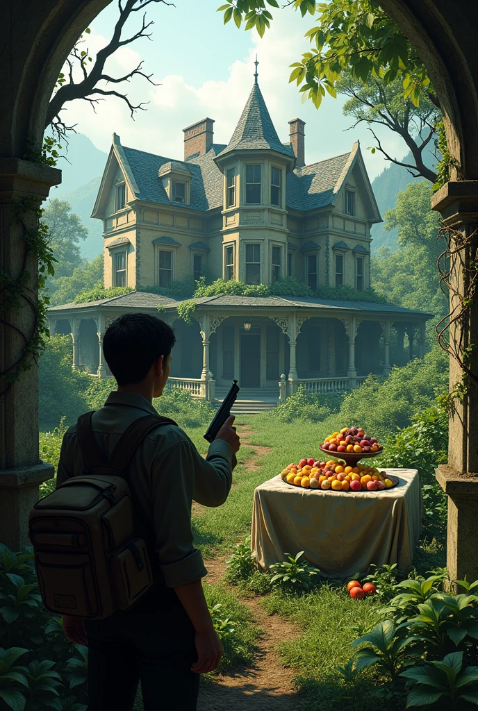 outside an abandoned mansion, first person perspective with a pistol, garden with vineyards on the floor finds a fruit banquet on a table 