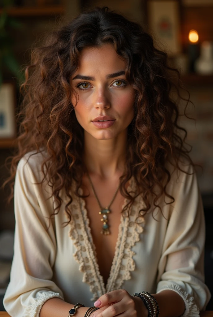 Create a photo of a real woman ; curly brown , tarot reader with wide nose without cleavage ( It doesn&#39;t look like it was made by Ai in a country house 