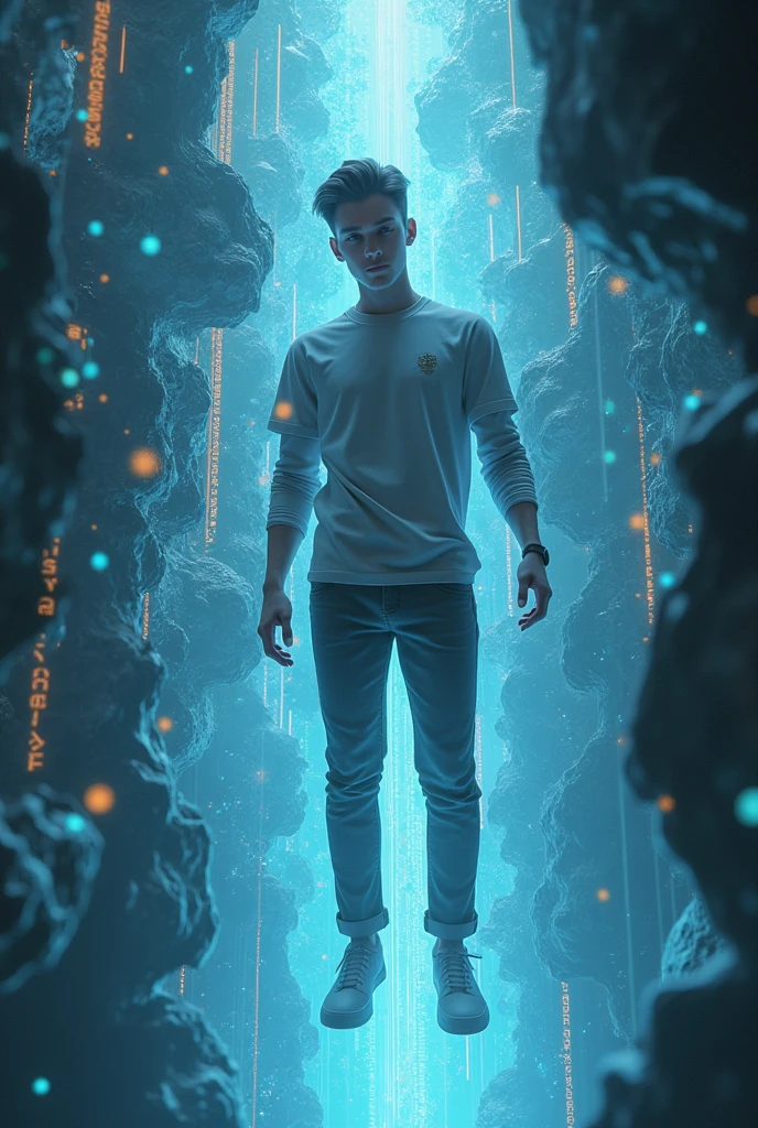 Photo of a young human male from the front floating among digital entities