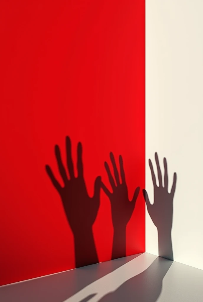 A simple book cover , of the red background and with the shadow of hands on the white background and with the black shadow of a terror combi