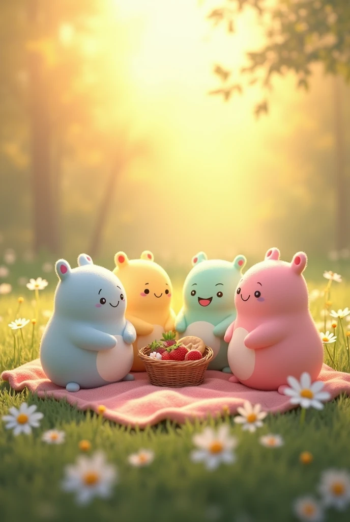 A group of plump, marshmallow-like creatures with stubby legs and tiny, smiling faces are gathered around a tiny picnic blanket. Each marshmallow has a different pastel color—pink, blue, yellow, and mint green. They are sharing a tiny basket of equally cute snacks like tiny strawberries and miniature cookies. The setting is a cozy, sunlit meadow with tall, soft grass and a few scattered daisies. The lighting is warm and golden, creating a soft glow around the creatures. The mood is peaceful and heartwarming, making viewers feel like they’re witnessing a sweet, simple gathering of friends.