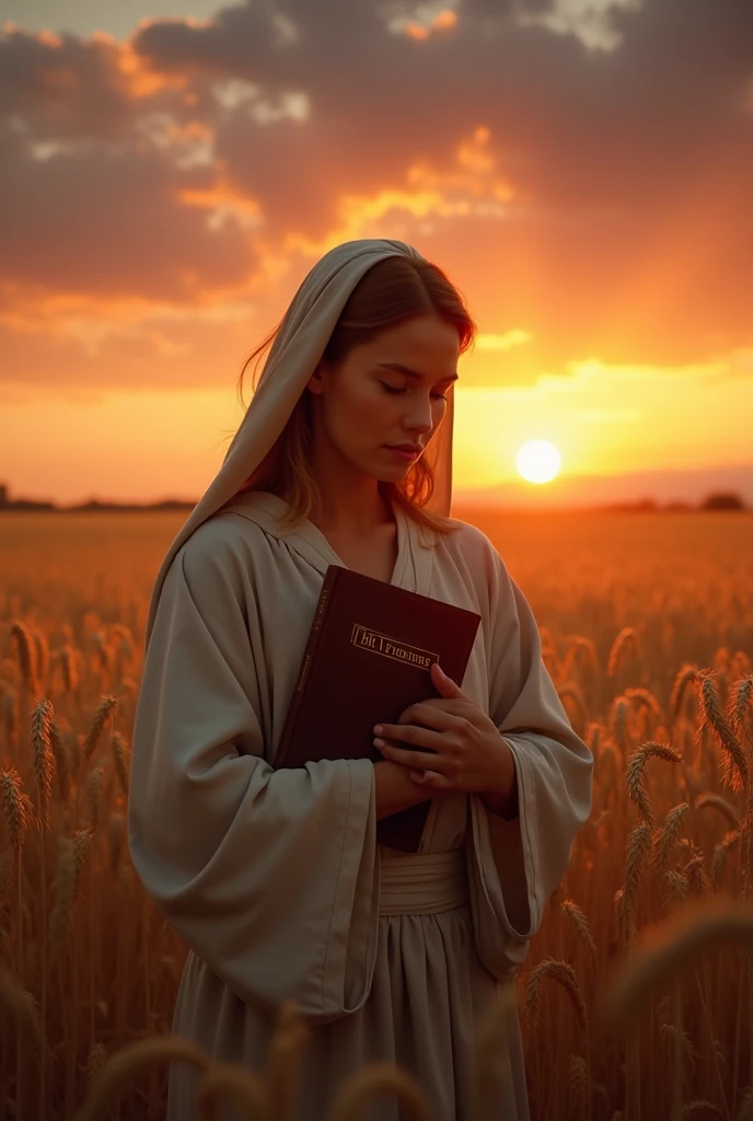 Person holding a bible Sunset and wheat field background