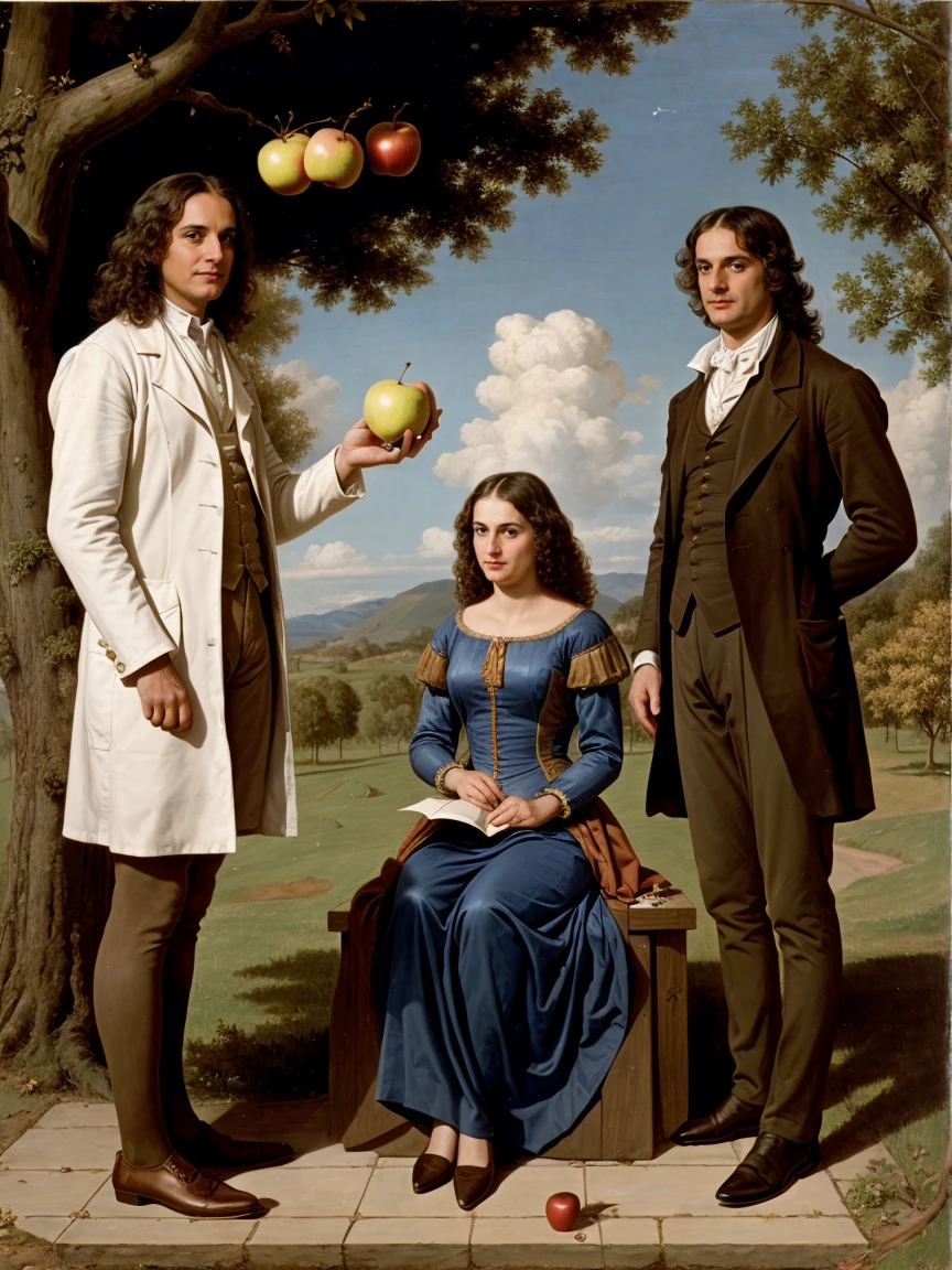 a scientific woman a scientific man and isaac newton standing watching an apple fall from a tree, the woman and the man are facing to the camera, both are physics professors, taking notes, science experiment, taking notes, the picture is taken from the front, latin america brown skin, like the iconic image of newton discovering the gravity