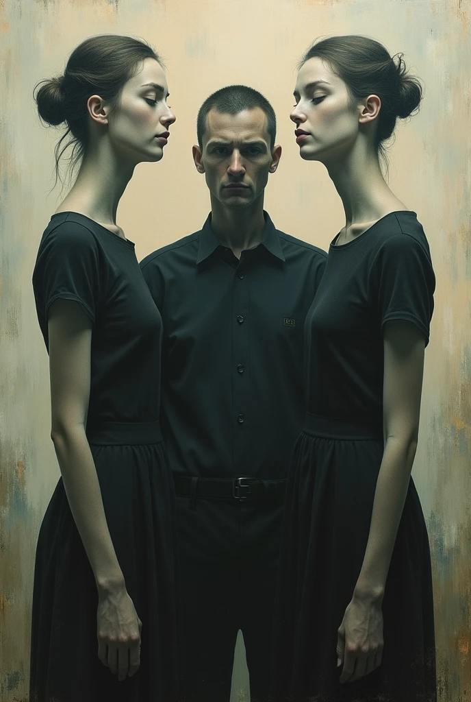  Create a painting of two identical women, one without a face, and a man 
