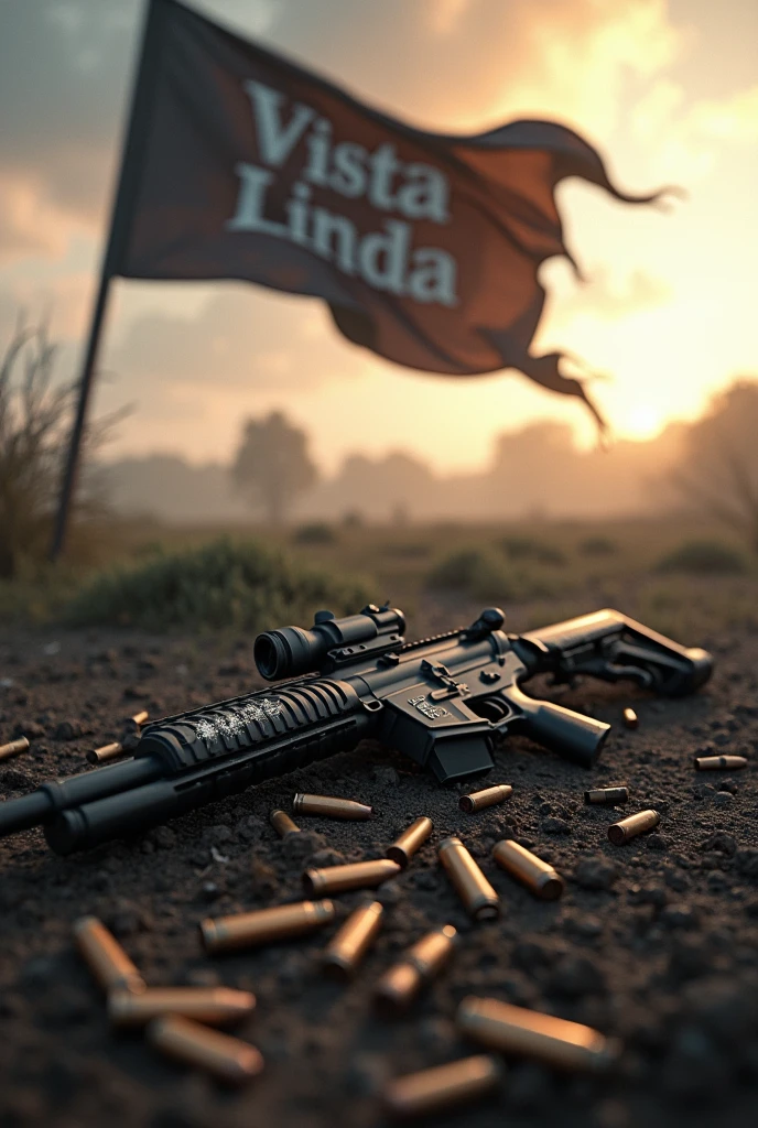 War flag  and 556 bullet thrown on the ground , on the flag written VISTA LINDA .
With a 556 rifle lying on the ground with KAGE written on the rifle. 