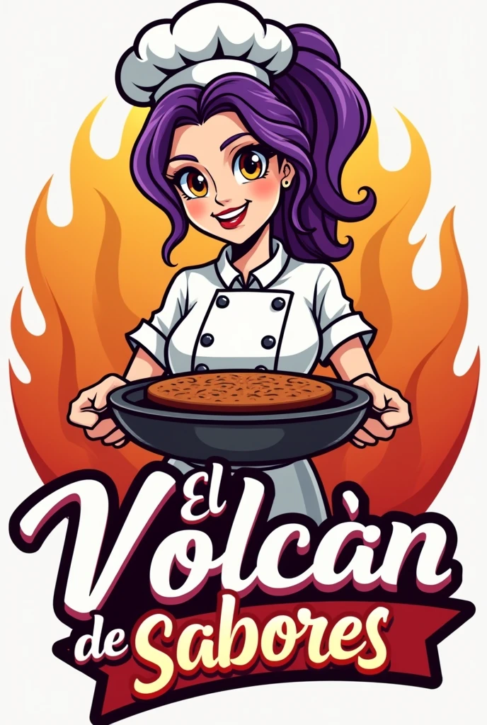Could you please create a logo for a fast food restaurant like homemade hamburgers with a white female chef with purple hair holding a grill with the name El Volcán de Sabores written on it? 