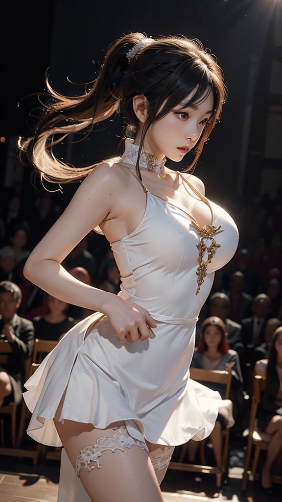 shining star,A beautiful oriental girl,Single ponytail,Dragon Horn,Big breasts,thin waist,white skin,Perfect proportion,Wearing a dance dress,8k,The focus of the audience,Lighting effects,Super details,