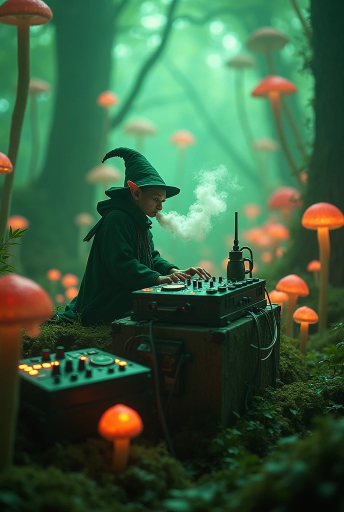 Nightvision footage of a goblin thats dressed like a wizard sitting on a shroom in a shroomforest while smoking out of his herb vaporizer while playing on an audio interface anf dj pults