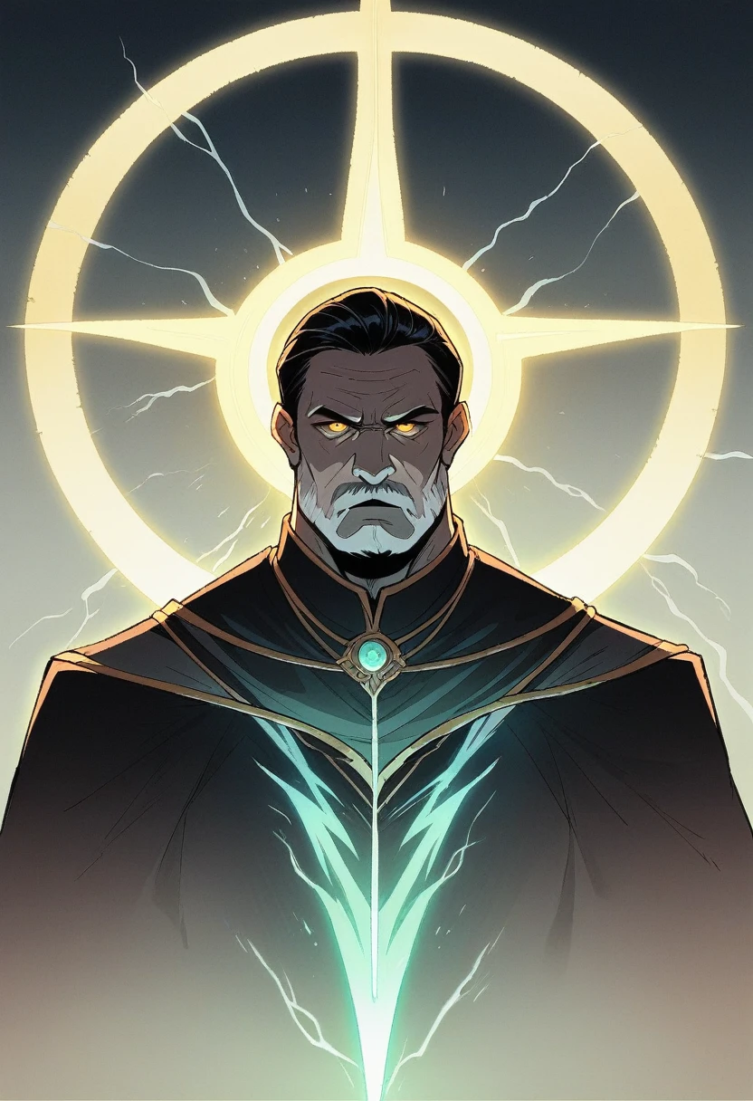 Portrays Tupã as an old man with black hair, with its layer of dark clouds and lightning, His obsidian spear glowing with energy, and its bow made of a curved beam. Uses vibrant colors and dramatic contrasts to highlight his mastery over the elements, From the lightning that lights up the sky to the life that emerges with the rain. Uses Renaissance and Gothic techniques to add depth and realism, creating an image that conveys majesty, the mystery and strength of this god, Above his head there is a halo and a mysterious inscription