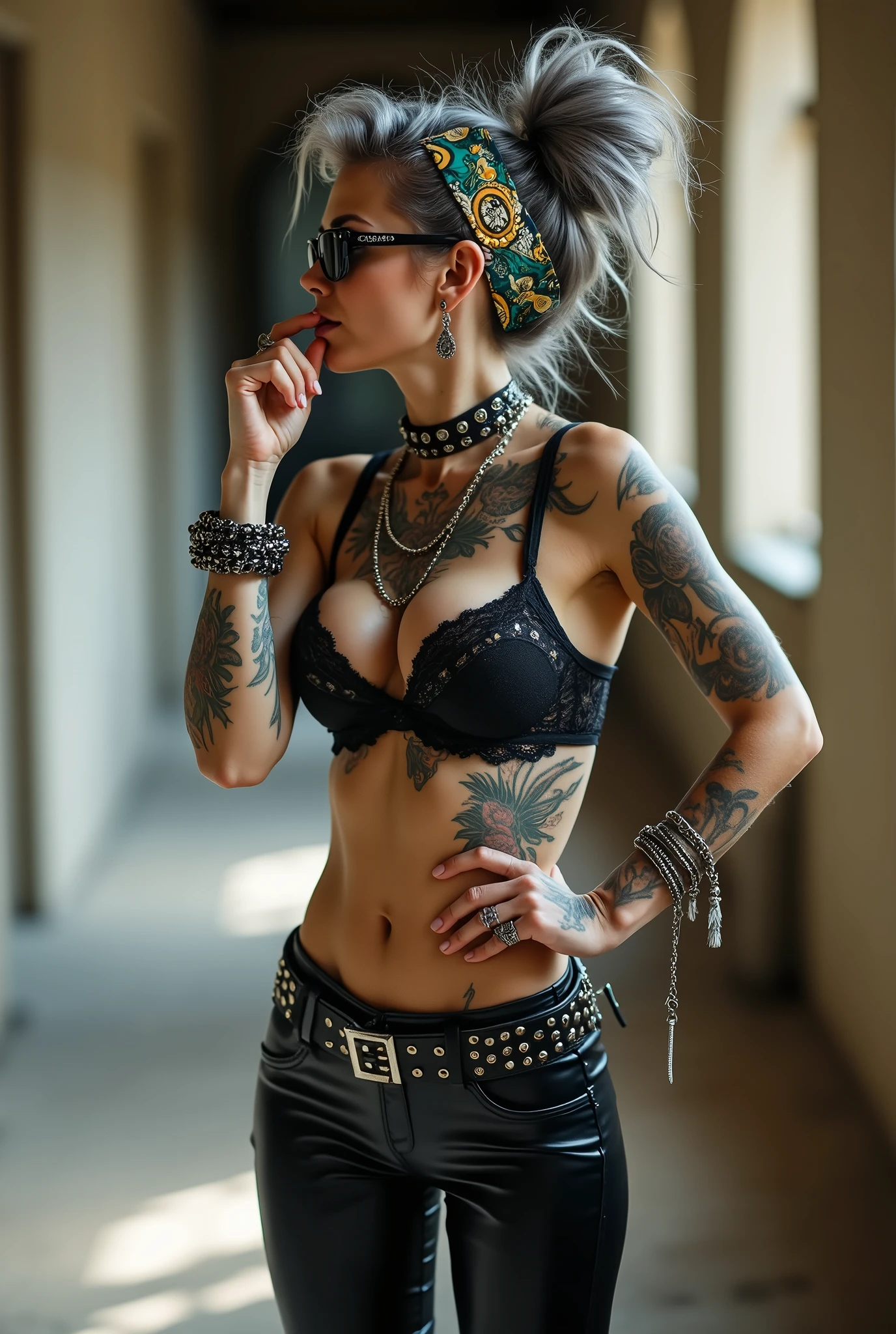 russian milf woman,  grey hair (bouffant, top bun) and oversized square sunglasses and wide  colourful bandana as headband, with very light green eyes, extremely pale. Big lips.  Black lace push up bra, silicone breast,, skintight shiny black leggings. Flip flops. Lots of thick wide studded bracelets, chain collars and big rings,. Two loose studded belts,. Long earrings with chains and feathers. Standing with legs apart,  one hand hands on her hip, the other, sucking her thumb, stretching her neck and looking up in surprise, craving., Neck, chest, stomach and wrists heavily tattoed. Toned abdominals, thin neck, slim legs and thin arms. Narrow hips. At a long narrow corridor with natural light. Seen from behind, we see her full back