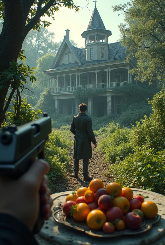 outside an abandoned mansion, first person perspective with a pistol, garden with vineyards on the floor finds a fruit banquet on a table
