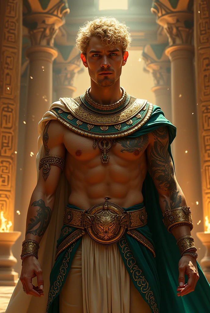 a fair-skinned Egyptian king,short dark blonde curly hair,green eyes and tattoo