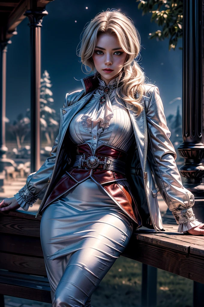 masterpiece,best quality, masterpiece, high detail,detailed face,detailed eyes,rendered eyes,perfect eyes,hip lines,crisp image,detailed,amazing,8k,8k wallpaper,8k background,high detailed skin,high res, (((cowboy shot))), solo, 1girl,looking at viewer,WillowSchnee, . Her attire consists of a white cravat secured by a silver brooch set with a red stone, as well as a light purple jacket with light sleeves, a wide belt around her waist, a matching pencil skirt with black tights and slippers. serious expression, sitting on bench, outside, garden, ornate Gazebo at center of hedge maze, holding wine glass, night, stars moon,  (volumetric lighting), sharp focus, hyper detailed 