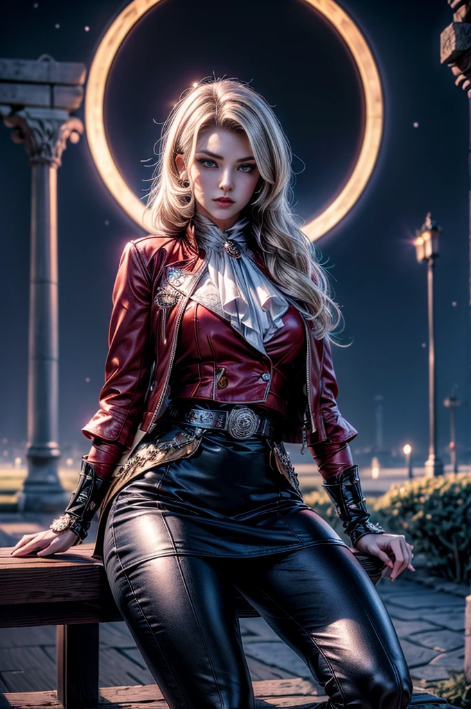 masterpiece,best quality, masterpiece, high detail,detailed face,detailed eyes,rendered eyes,perfect eyes,hip lines,crisp image,detailed,amazing,8k,8k wallpaper,8k background,high detailed skin,high res, (((cowboy shot))), solo, 1girl,looking at viewer,WillowSchnee, . Her attire consists of a white cravat secured by a silver brooch set with a red stone, as well as a light purple jacket with light sleeves, a wide belt around her waist, a matching pencil skirt with black tights and slippers. serious expression, sitting on bench, outside, garden, ornate Gazebo at center of hedge maze, holding wine glass, night, stars moon,  (volumetric lighting), sharp focus, hyper detailed 