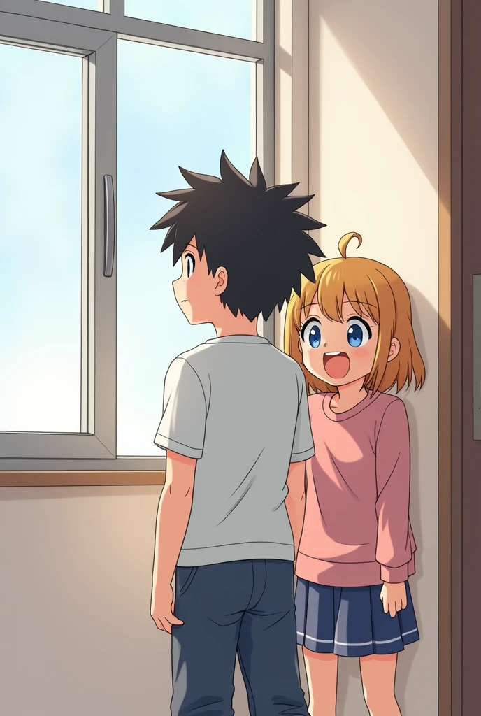 "Draw an anime scene with a 2 boy standing by a window, gazing outside with a frustrated expression. His sister is behind him, leaning against the doorframe with a mischievous or apologetic smile. The background should be a simple room interior, highlighting the contrast between the boy's frustration and his sister's playful demeanor."