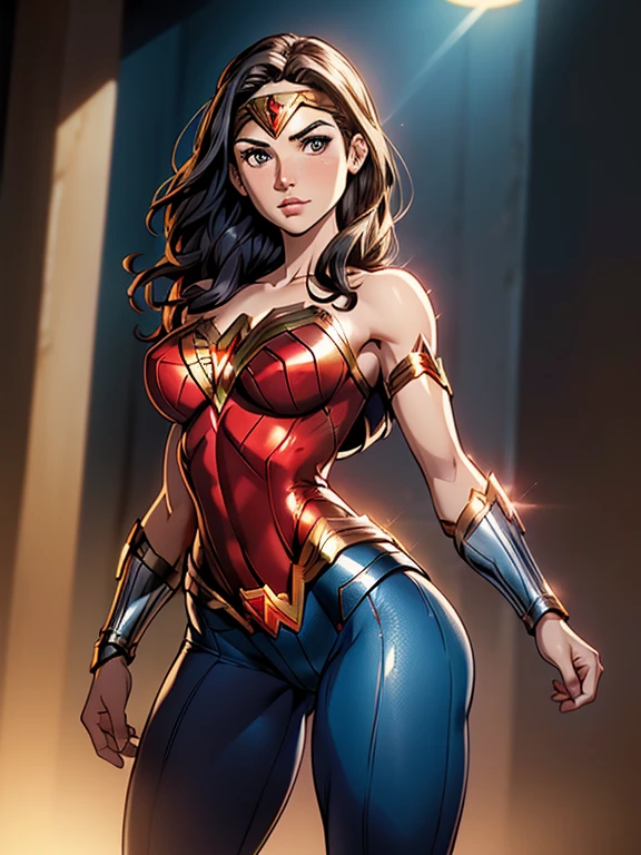 Natural Beauty,(Masterpiece),(Gal Gadot),(Accurate Face Proportion), brunette hair, (Wonder Woman Tiara),(Low-cut Top Revealing Cleavage)(Classic Wonder Outfit(red, blue, golden and silver)), Vibrant colour tone,(Slim Athletic Physique),(Wide Hips),(Toned Arms and Legs), Contemplative Stance with Emphasis on Buttocks: In a relaxed yet thoughtful pose, Wonder Woman’s tight suit outlines the natural curves of her body, focusing on the shape of her buttocks. Her hand on her chin and the other arm crossed over her chest further accentuate the snug fit, highlighting her athletic build.