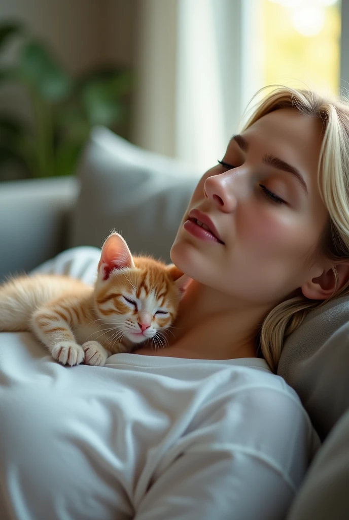 first-person perspective, Professional photography, I am lying on my back on the sofa in the living room taking a nap. My beloved brown tabby kitten is curled up on the chest of my white T-shirt taking a nap. When I wake up, I can feel the kitten's breathing directly on my chest. The moment I feel the kitten's warmth and look at its sleeping face is the happiest moment for me. sunshine comes inside from window, pastel bokeh effect, depth of field, subsurface light scattering, hyper Realistic, Professional photography, Cinema Lighting blonde hair blue eye