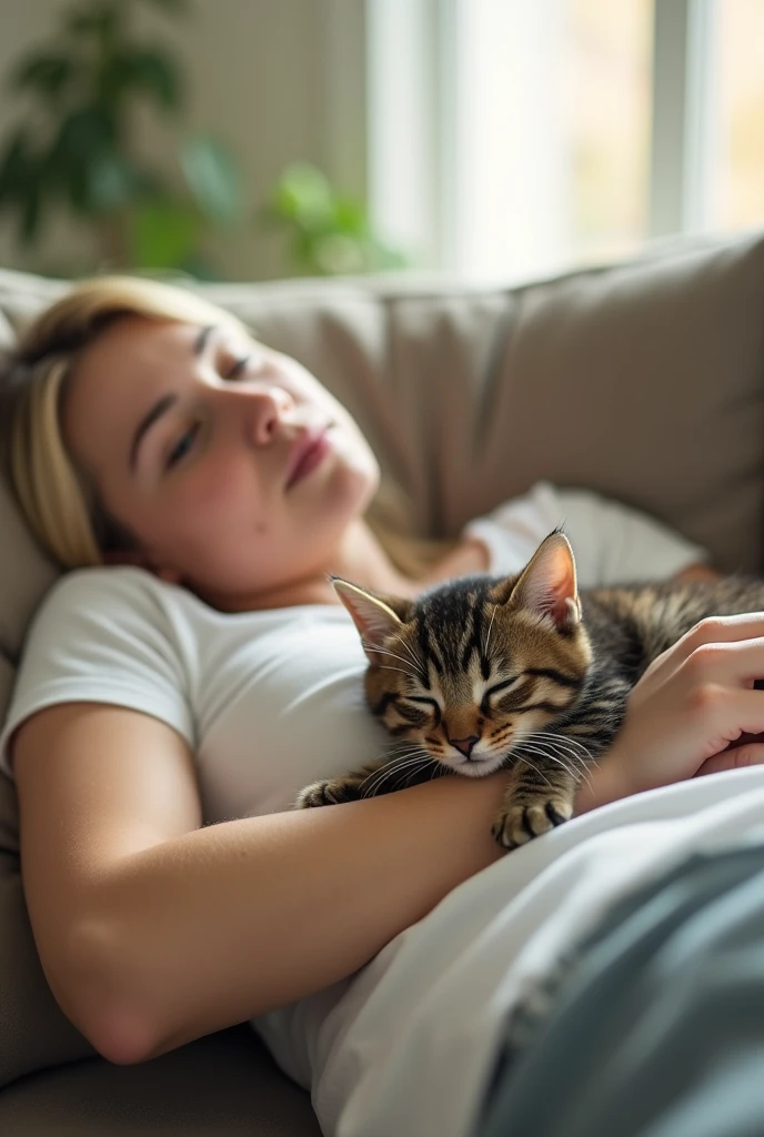 first-person perspective, Professional photography, I am lying on my back on the sofa in the living room taking a nap. My beloved brown tabby kitten is curled up on the chest of my white T-shirt taking a nap. When I wake up, I can feel the kitten's breathing directly on my chest. The moment I feel the kitten's warmth and look at its sleeping face is the happiest moment for me. sunshine comes inside from window, pastel bokeh effect, depth of field, subsurface light scattering, hyper Realistic, Professional photography, Cinema Lighting blonde hair blue eye