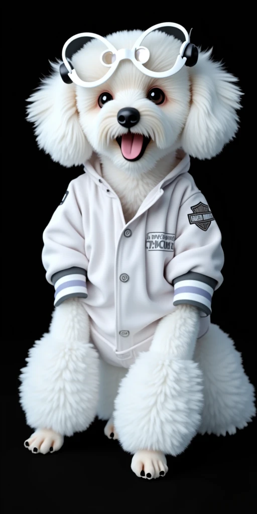 Perfect Center, Cute Toy Poodle, Wearing a student team jacket,riding a harley davidson, Wear sunglasses, Use headphones, Cheerfulness, Standing posture, Abstract Beauty, Centered, Looking into the camera, In front of the camera, Near perfect, dynamic, Very detailed, Sophisticated, Sharp focus, 8k, High resolution, figure, Arte de Carne Griffith and Vadim Kashin, White Background