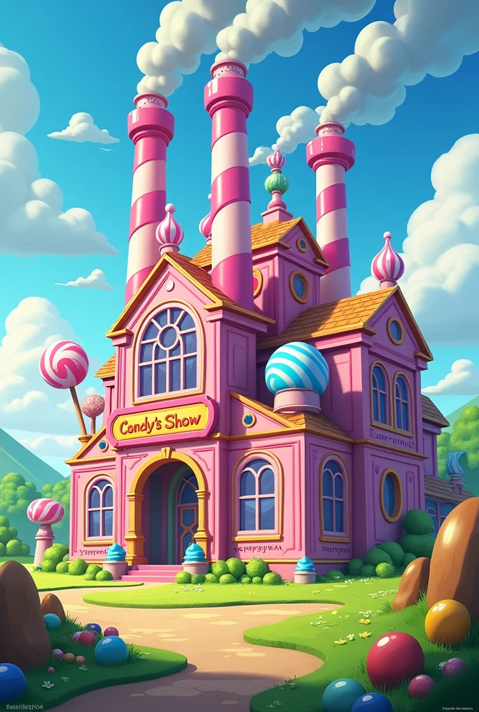a colossal, very giant candy factory called "Candy's Show" on a plot of land outside cartoon style 