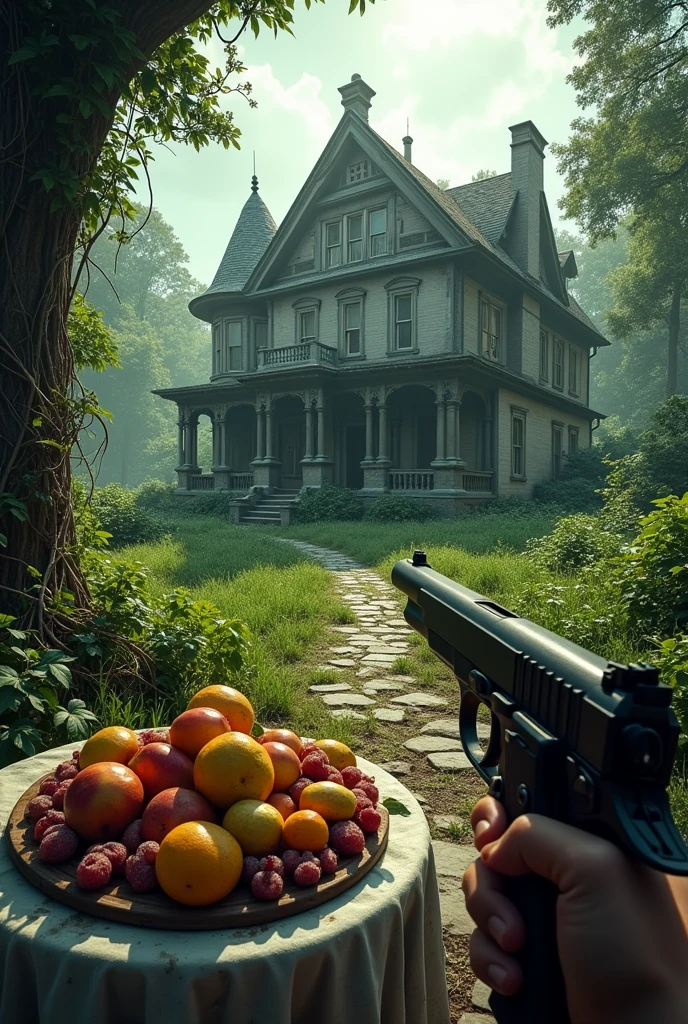 outside an abandoned mansion, first person perspective with a pistol, garden with vineyards on the floor finds a fruit banquet on a table