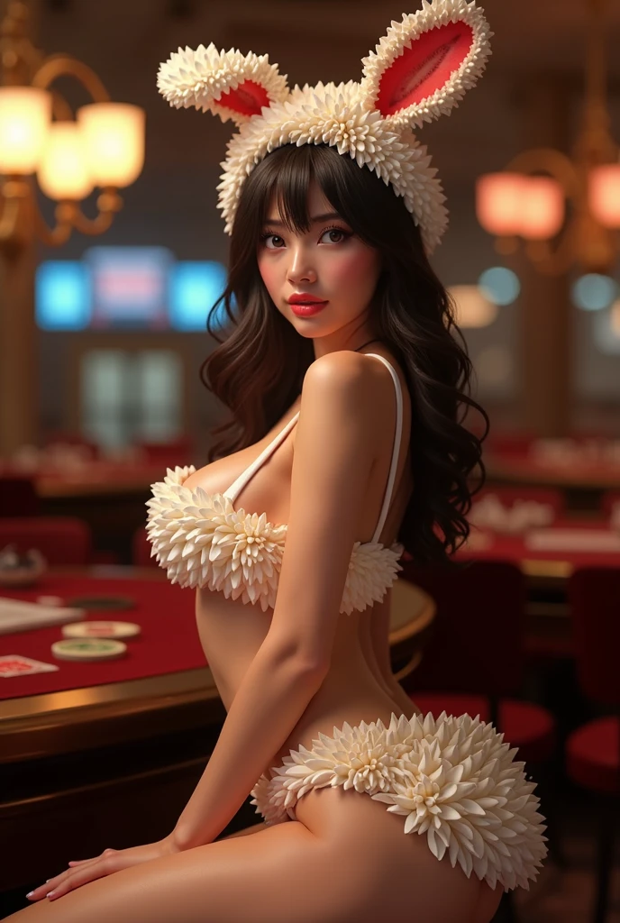 (Half-length portrait: 1.7), (Anatomically accurate body structure), (Premium quality, 4k, 8K, High resolution, masterpiece: 1.2), Ultra detailed, (Realistic, Photorealistic: 1.37), (Bunny girl and legs spread : 1.7), shot from above, Close up on her, Beautifully detailed bikini made of whipped cream: 1.5, Her body is decorated with lots of cut fruit and whipped cream, She hides all her hair with a hat with bunny ears, Beautifully detailed thighs , Exquisitely detailed crotch, Beautifully detailed buttocks, detailed eyes, detailed face, splendid, Elegant, stunning, photography, Casino background