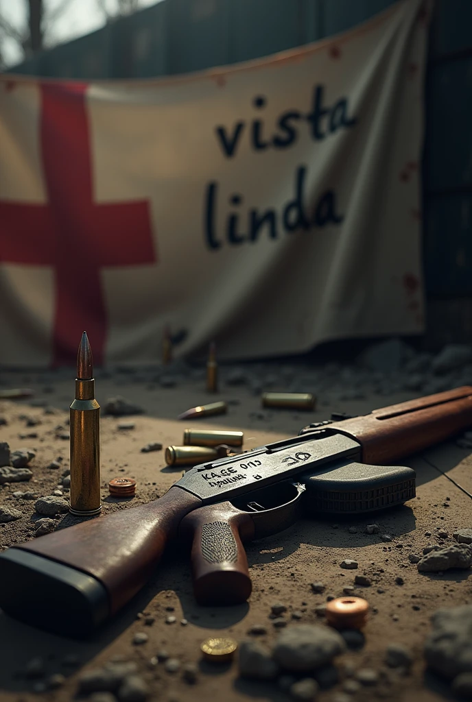 War flag and 556 bullet thrown on the ground , on the flag written VISTA LINDA .
With a 556 rifle lying on the ground with the words KAGE 013 written on the rifle