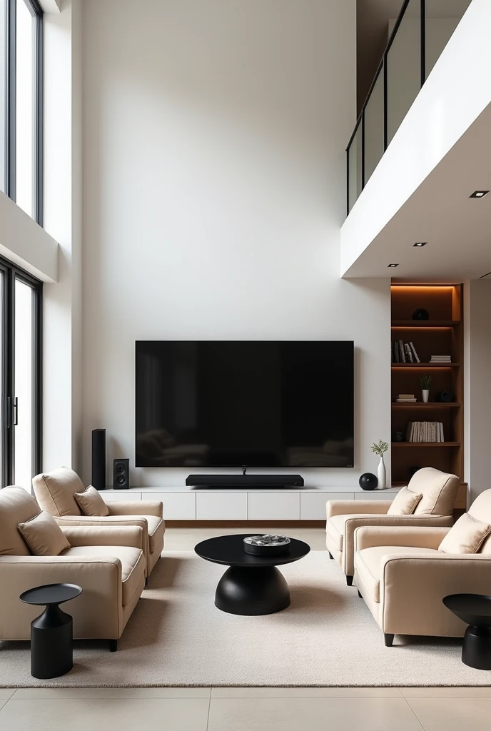 A large living room painted white,modern light beige large armchairs,85 inch tv,with black furniture and a coffee table