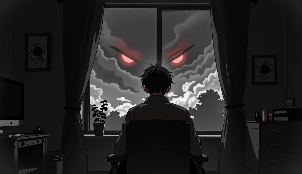 horizontal dark anime-style black and white image of a character sitting on a chair in his own room watching a heavy anxiety storm that have two scary red eyes from the window with cinematic dramatic filters and more imersive