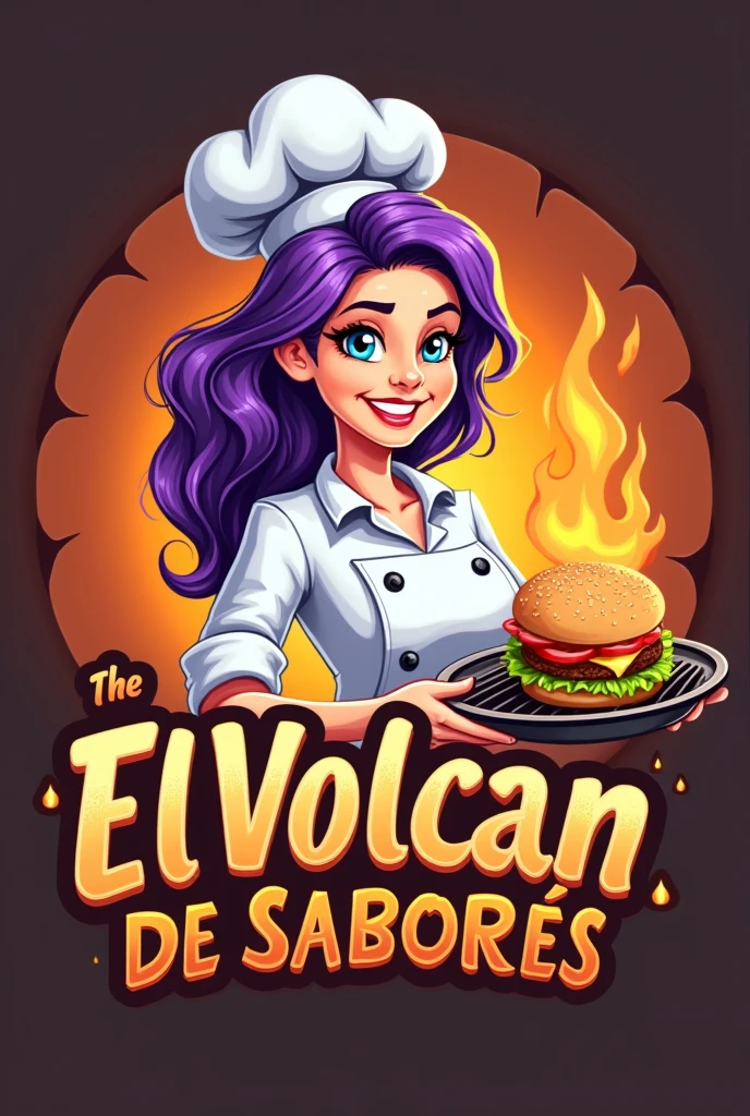 Could you please create a logo for a fast food restaurant like homemade hamburgers with a white female chef with purple hair holding a grill with the name El Volcán de Sabores written on it?