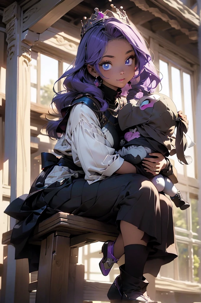 Purple haired woman with black horns, lavender skin, fuchsia pink eyes (Medieval style queen clothes and shiny crown) , elegant pose, looking to the camera, sitting in an elegant chair, carrying a one year old male baby, purple hair, RAF blue eyes, hugging his mother, detailed, day time, Sun rays, (image background) throne room, ultra detailed photography, 4k quality lighting, High resolution, masterpiece, anime style.