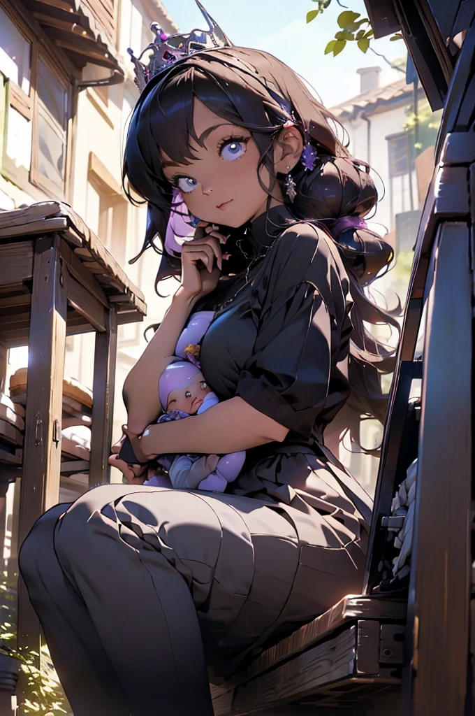 Purple haired woman with black horns, lavender skin, fuchsia pink eyes (Medieval style queen clothes and shiny crown) , elegant pose, looking to the camera, sitting in an elegant chair, carrying a one year old male baby, purple hair, RAF blue eyes, hugging his mother, detailed, day time, Sun rays, (image background) throne room, ultra detailed photography, 4k quality lighting, High resolution, masterpiece, anime style.