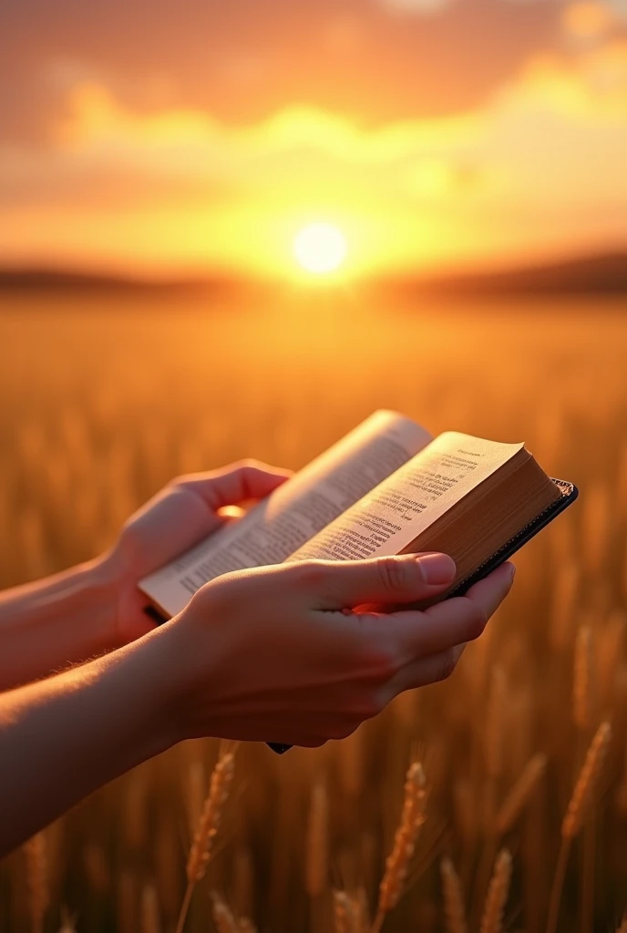 Arms holding a bible Sunset and wheat field background 
