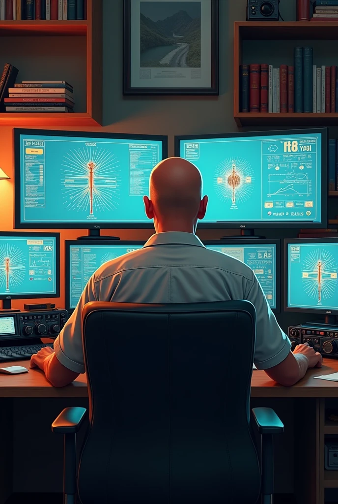 Man without hair sitting at desk talking on radio with PC monitors in front showing FT8 yagi antennas behind as decoration