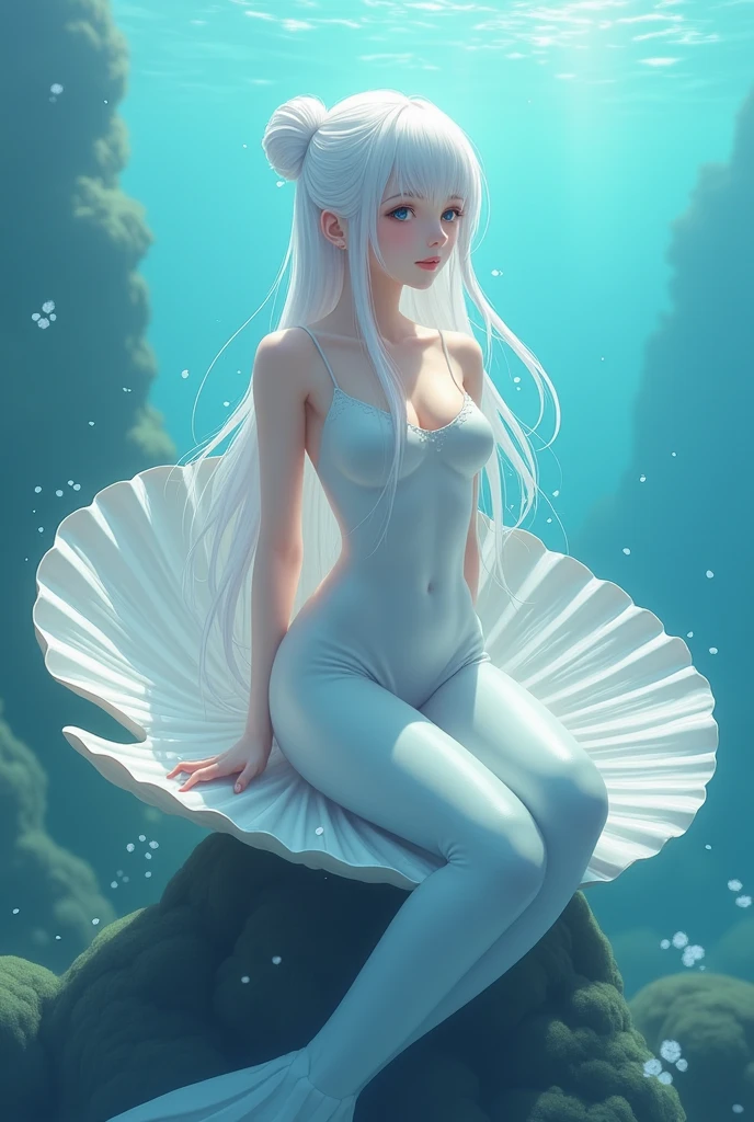 A mermaid in white hair with a bun, sitting on a big clam, and that it be in blue tones, anime version drawn, improved
