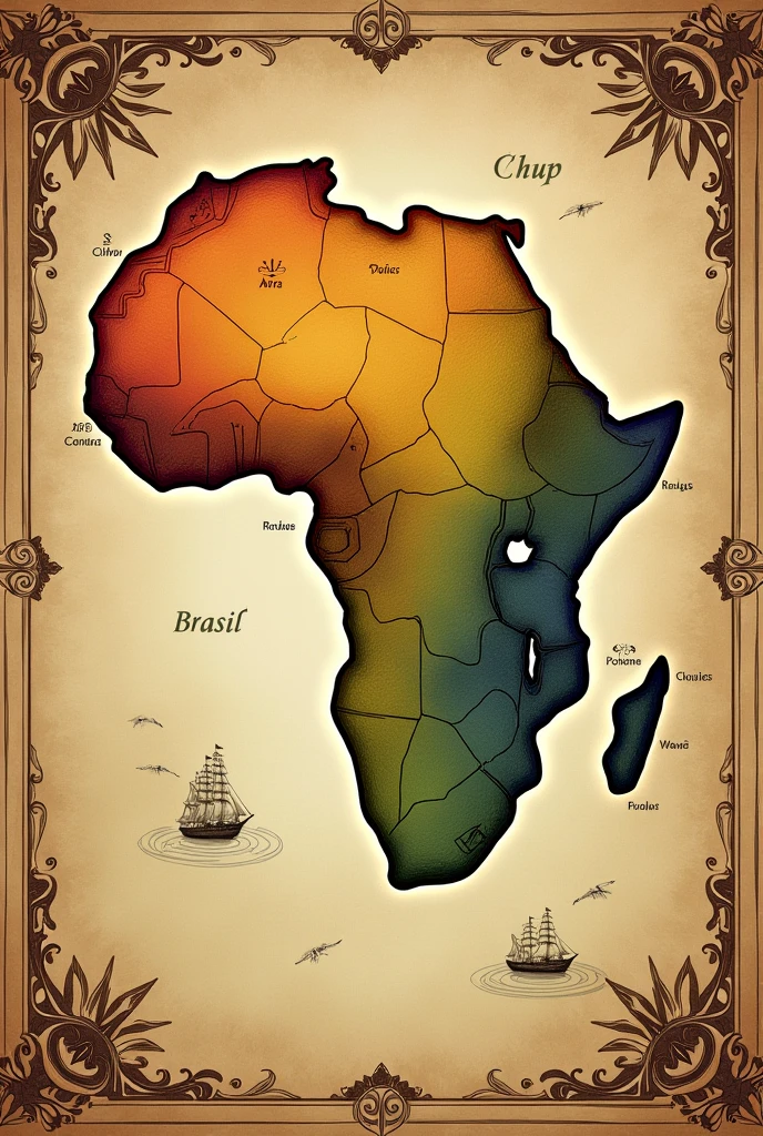Create an image, with historical elements, of the map of the African continent and Brazil, Northeast region