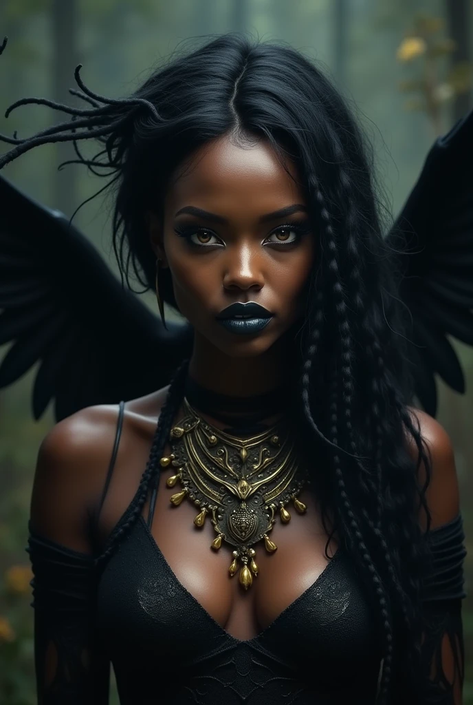 a beautiful ultra-sexy african witch, voodoo, ravens, golden eyes, full body view, detailed beautiful face, detailed beautiful lips, extremely detailed eyes, long eyelashes, intricate ornaments, dark clothing, dark background, moody lighting, cinematic composition, dark fantasy, dark magic, occult, mystical, ethereal