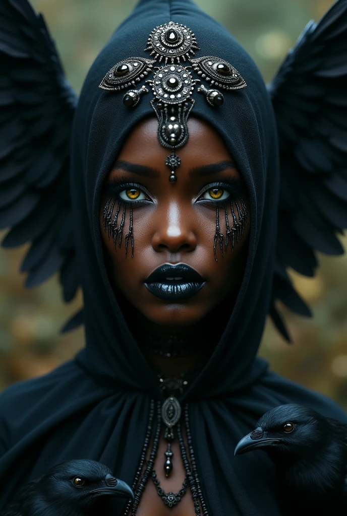 a beautiful ultra-sexy african witch, voodoo, ravens, golden eyes, full body view, detailed beautiful face, detailed beautiful lips, extremely detailed eyes, long eyelashes, intricate ornaments, dark clothing, dark background, moody lighting, cinematic composition, dark fantasy, dark magic, occult, mystical, ethereal