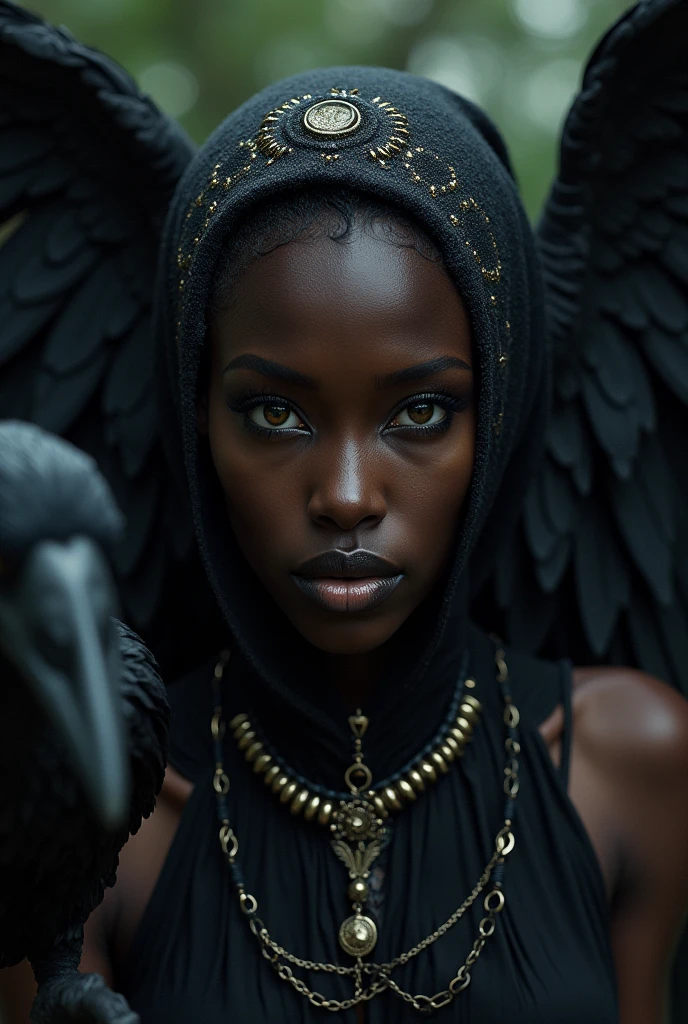 a beautiful ultra-sexy african witch, voodoo, ravens, golden eyes, full body view, detailed beautiful face, detailed beautiful lips, extremely detailed eyes, long eyelashes, intricate ornaments, dark clothing, dark background, moody lighting, cinematic composition, dark fantasy, dark magic, occult, mystical, ethereal