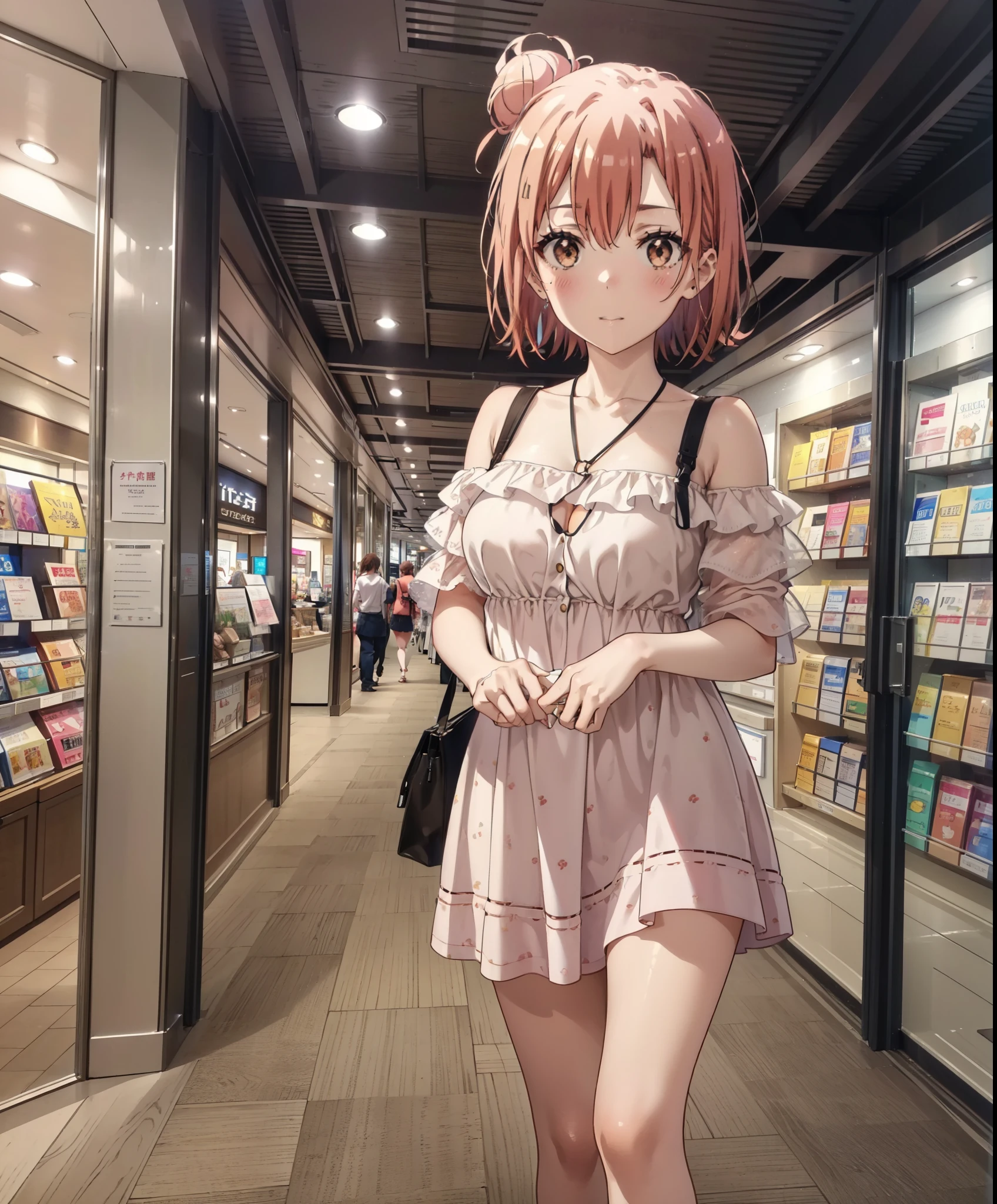 yuiyuigahama, yui yuigahama, short hair, (Brown eyes:1.5), (Pink Hair:1.2), Hair Bun, single Hair Bun,Big Breasts,smile,blush,Open your mouth,Off-the-shoulder dress,Exposing shoulders,bare clavicle,Bare neck,Rocket Pendant,mini skirt,barefoot,Cute heeled sandals,Daytime,sunny,walk,whole bodyがイラストに入るように,
break indoors,Shopping mall,
break looking at viewer, whole body,
break (masterpiece:1.2), Highest quality, High resolution, unity 8k wallpaper, (shape:0.8), (Beautiful attention to detail:1.6), Highly detailed face, Perfect lighting, Extremely detailed CG, (Perfect hands, Perfect Anatomy),