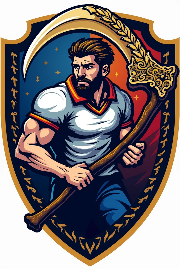 Team shield with name Santa Cecilia A player holding a scythe color blue white red and yellow 