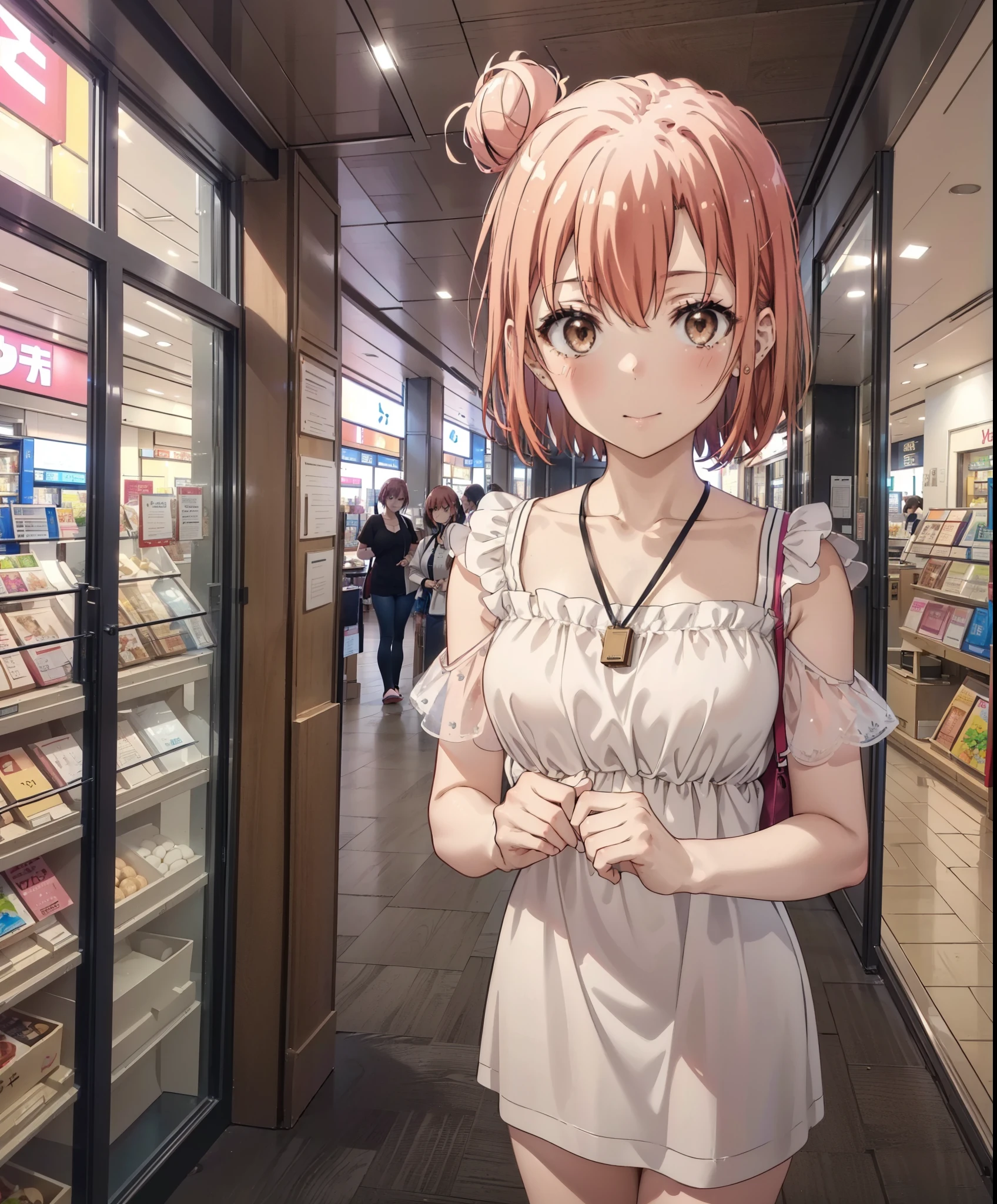 yuiyuigahama, yui yuigahama, short hair, (Brown eyes:1.5), (Pink Hair:1.2), Hair Bun, single Hair Bun,Big Breasts,smile,blush,Open your mouth,Off-the-shoulder dress,Exposing shoulders,bare clavicle,Bare neck,Rocket Pendant,mini skirt,barefoot,Cute heeled sandals,Daytime,sunny,walk,whole bodyがイラストに入るように,
break indoors,Shopping mall,
break looking at viewer, whole body,
break (masterpiece:1.2), Highest quality, High resolution, unity 8k wallpaper, (shape:0.8), (Beautiful attention to detail:1.6), Highly detailed face, Perfect lighting, Extremely detailed CG, (Perfect hands, Perfect Anatomy),