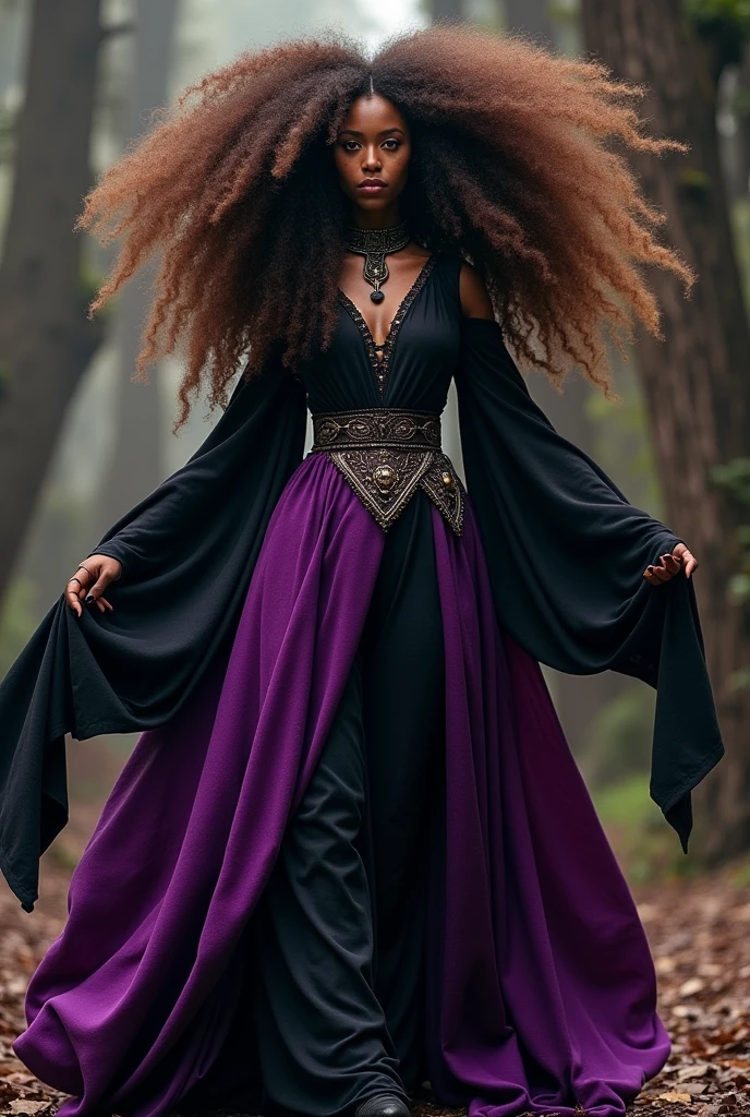 Pombagira Maria Mulambo, a dark woman, long curly brown hair, more curly, with a purple skirt with black, but black goes above purple, a black blouse with very long sleeves