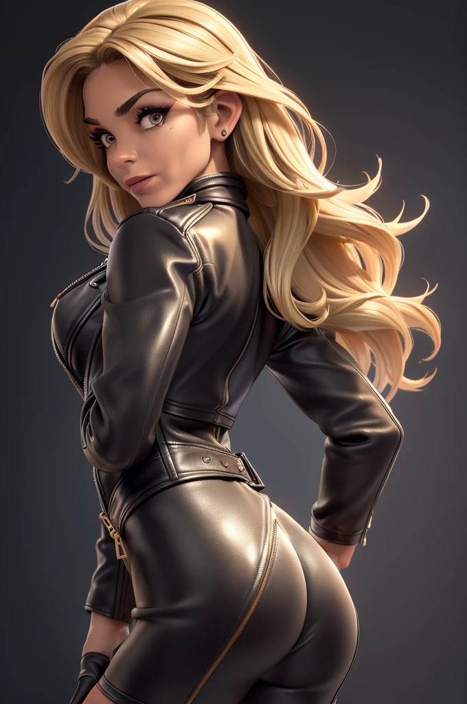 obra prima, melhor qualidade, ((only one woman,)) ((jillian michaels, 55 years, dark tan skin, blonde bob hair, heavy vamp makeup eye shadow,)) (((wearing thigh length black metallic leather jacket,))) (((jacket is zipped up, jacket covers waist and ass,))) ((jacket has stiff high collar,)) ((gold pvc gloves,)) body is very skinny, standing up, (((arched back, shoulders leaning way back, head tilted way back, chin up,))) ((camera side view, extreme closeup view of upper body,)) shallow depth of field, highres, HD, 8k, anatomically correct