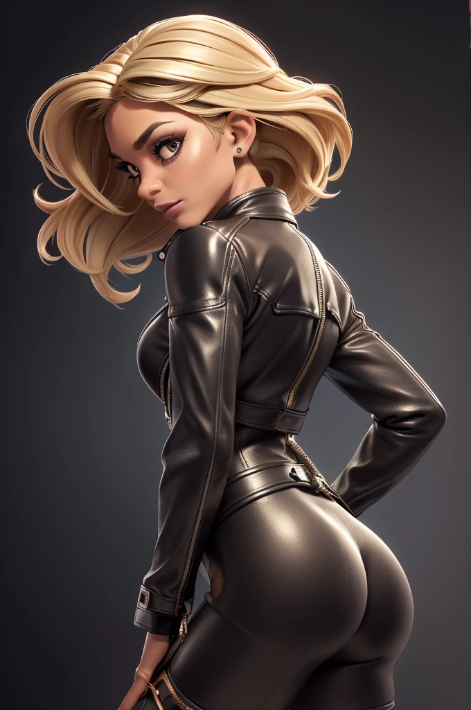obra prima, melhor qualidade, ((only one woman,)) ((jillian michaels, 55 years, dark tan skin, blonde bob hair, heavy vamp makeup eye shadow,)) (((wearing thigh length black metallic leather jacket,))) (((jacket is zipped up, jacket covers waist and ass,))) ((jacket has stiff high collar,)) ((gold pvc gloves,)) body is very skinny, standing up, (((arched back, shoulders leaning way back, head tilted way back, chin up,))) ((camera side view, extreme closeup view of upper body,)) shallow depth of field, highres, HD, 8k, anatomically correct
