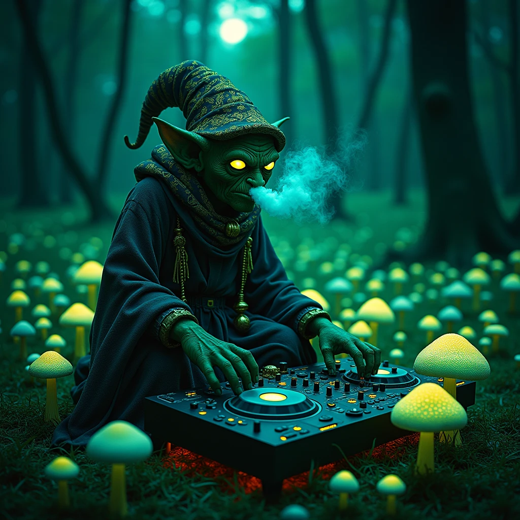 Nightvision footage of a goblin thats dressed like a wizard sitting on a shroom in a shroomforest while smoking out of his herb vaporizer while playing on audio interfaces and dj pults in the night