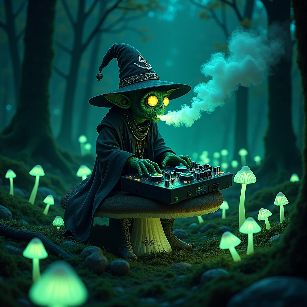 Nightvision footage of a goblin thats dressed like a wizard sitting on a shroom in a shroomforest while smoking out of his herb vaporizer while playing on audio interfaces and dj pults in the night