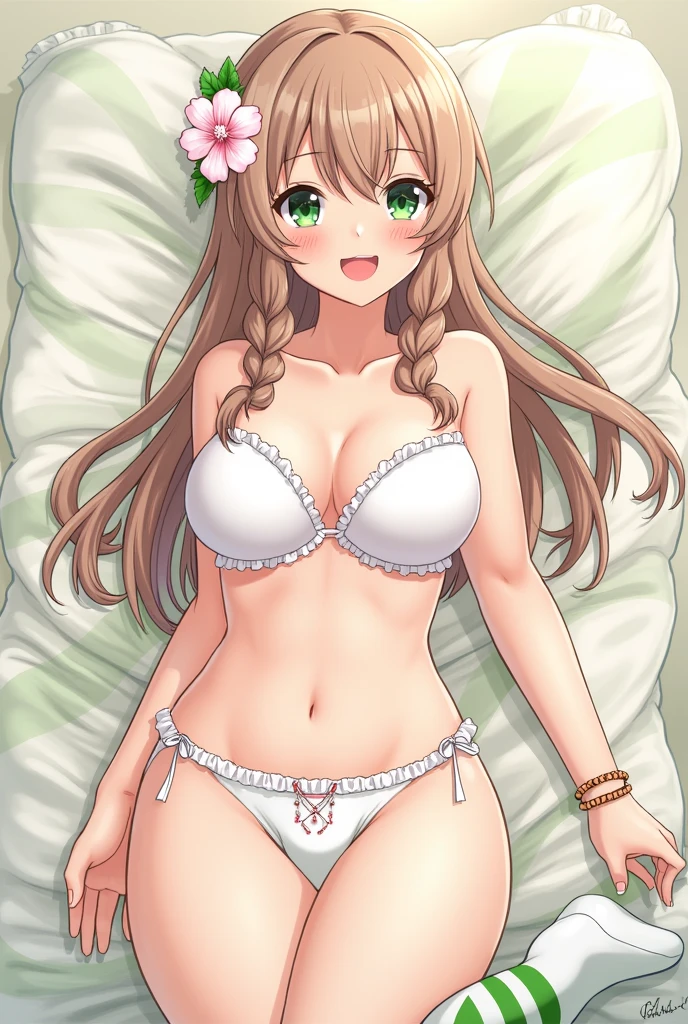 (​masterpiece:1.2), (best quality:1.2), (Intricate detailing:1.2), (Anime Coloring:1.1), ((top quality)), solo girl, light brown hair, green eyes, Long hair, medium breasts, sexy body and face, nice hair, smile, (open lips:0.9), lipstick, White lingerie, white bra, white panties, open abdomen, Bett, leg up, navel, Decollete, Collarbone, bare shoulders, jewellery, Bracelet, Ribbon, hibiscus, Ruffles, sleeveless, hair flower,  Bett, hinterland, perfect hips, sexy Pose, Cowboy shots, detailed body, face, and eyes, Illustration, keen focus, exhilarated, creative, dynamic, High Resolution, High resolution, 16K quality, (Upscale: R-ESRGAN 4x+ Anime6mage Beautification:4x), (beautiful Illustration), (beautiful detailed eyes 1.2), (beautiful detailed face:1.2), (beautiful detailed body:1.2), (Better hands:1.2), voluptuous body, cinema lights, Dakimakura-Style, good anatomy, perfect eyes, perfect body, perfect anatomy, perfect breast, look at the viewer, long braids, green and white striped knee socks, Tattered clothes 