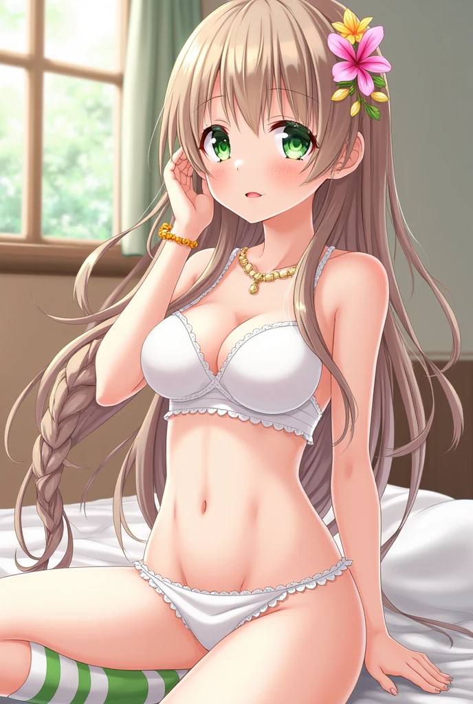 Satono Diamond,Umamusume,horse ears, Uma Musume ,horse tail,green ribbon,hair between eyes,brown hair, very long hair, spread hair, french braid,brown eyes, princess cut, white skin, shiny skin, ,light blue panties,light blue bra,lingerie