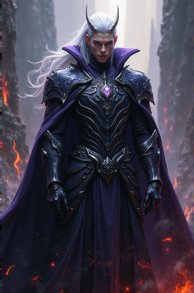 Create a handsome and intimidating prince of hell wearing armor, have long white hair and lilac eyes
